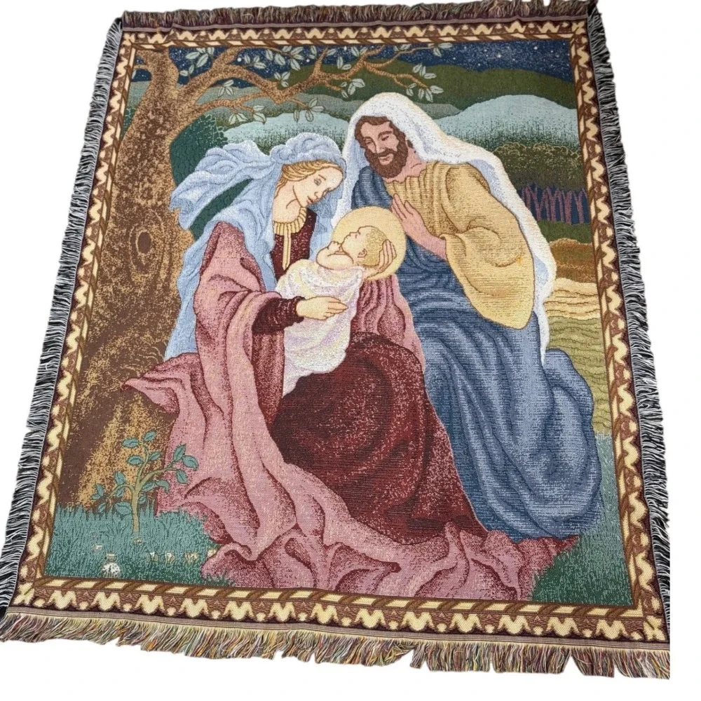 Vintage American Weavers 90s Tapestry Throw Blanket USA Holy Family Nativity